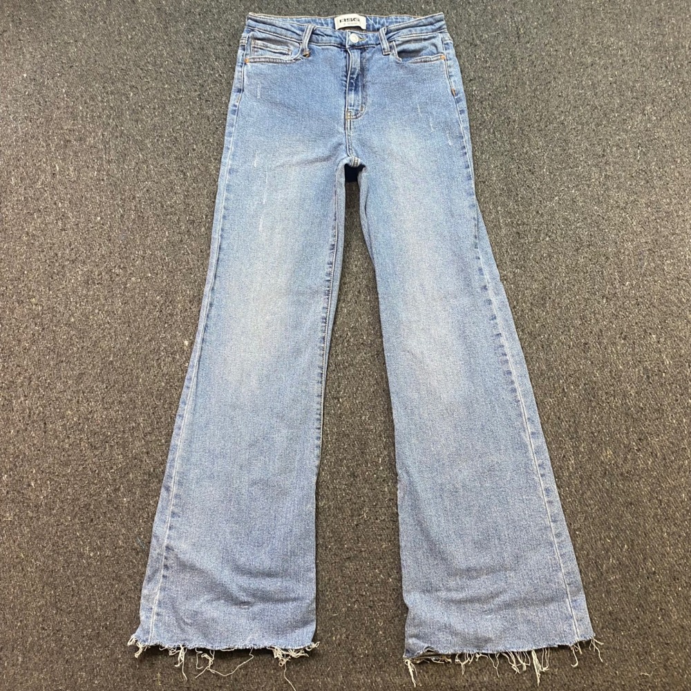 RSQ High Rise Flare Jeans 28 Womens Light Blue Boho Grunge Raw Hem Denim Pants
